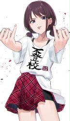 Rule 34 | 1girl, black shorts, blue eyes, brown hair, girls band cry, half-skirt, highres, iseri nina, looking at viewer, low twintails, pinky out, plaid clothes, plaid skirt, pleated skirt, red skirt, shikai no sumi kuchiru oto, shirt, shirt partially tucked in, short hair, short sleeves, short twintails, shorts, shorts under skirt, simple background, skirt, solo, submaro, tongue, tongue out, twintails, white background, white shirt
