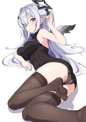 1girl :3 absurdres amane_konata angel angel_wings ass bare_shoulders black_halo black_panties black_sweater blush breasts detached_sleeves diamond_hair_ornament dress feet gradient_wings halo highres hololive lace lace_panties left_(left_sio) long_hair looking_at_viewer lying medium_breasts meme_attire multicolored_wings on_side panties smile soles solo star_halo sweater thighhighs toes turtleneck turtleneck_dress turtleneck_sweater underwear virgin_killer_sweater virtual_youtuber white_background white_thighhighs wings