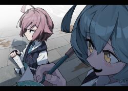2girls absurdres ahoge black_gloves blast-7 blue_archive blue_hair blue_necktie closed_mouth collared_shirt commentary fingerless_gloves gloves gun hair_between_eyes hair_flaps halo highres holding holding_gun holding_notebook holding_pen holding_weapon hoshino_(blue_archive) hoshino_(first_year)_(blue_archive) letterboxed long_sleeves multiple_girls necktie nose notebook open_mouth pen pink_hair shirt short_hair vest weapon white_shirt yume_(blue_archive)
