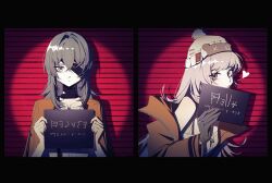 2girls :p bandaged_neck bandages barbie_mugshot_(meme) bare_shoulders beanie black_bandages black_gloves blue_eyes blue_hair breasts character_name chinese_commentary collarbone commentary crossed_bangs dress eyepatch gloves hair_between_eyes hair_intakes hat heart hecate_(path_to_nowhere) height_chart hella_(path_to_nowhere) highres holding holding_sign jacket light176 looking_at_viewer meme mugshot multiple_girls one_eye_covered orange_jacket path_to_nowhere pink_hair pom_pom_(clothes) pom_pom_beanie prison_clothes purple_eyes safety_pin sign small_breasts spaghetti_strap spoken_heart spotlight straight-on tongue tongue_out white_dress white_headwear zipper