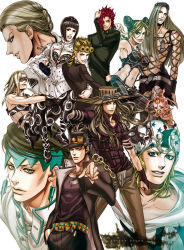 Rule 34 | 1girl, 6+boys, black hair, blonde hair, brown hair, bruno bucciarati, diamond is not crash, dog, double bun, fabulous, gakuran, giorno giovanna, green hair, gyro zeppeli, hair bun, iggy (jojo), johnny joestar, jojo no kimyou na bouken, kakyoin noriaki, kishibe rohan, kuujou jolyne, kuujou joutarou, kyokugei, long hair, looking at viewer, melone, multicolored hair, multiple boys, narciso anasui, prosciutto (jojo), red hair, school uniform, short hair, stand (jojo), stardust crusaders, steel ball run, stone ocean, tusk (stand), tusk act1, two-tone hair, vento aureo