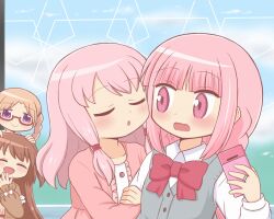 4girls arm_hug bad_id bad_twitter_id blush braid brown_hair cellphone closed_eyes glasses hiiragi_nemu hiiragi_nemu_(hospital_costume) holding holding_phone incoming_kiss long_hair magia_record:_mahou_shoujo_madoka_magica_gaiden mahou_shoujo_madoka_magica multiple_girls open_mouth phone pink_eyes pink_hair purple_eyes reverse_(bluefencer) satomi_touka satomi_touka_(hospital_costume) school_uniform shirt siblings sisters smartphone smile surprised tamaki_iroha tamaki_ui tamaki_ui_(hospital_costume) white_shirt yuri