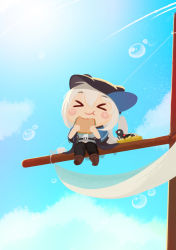 &gt;_&lt; 1girl arknights bird black_hat black_pants boots brown_boots chibi chinese_commentary closed_mouth commentary day eating eyes_visible_through_hair food grey_shirt hair_between_eyes hat highres holding holding_food lieyan_huangzi long_hair looking_at_viewer mast midriff nest outdoors pants red_eyes sail sandwich shirt silver_hair sitting skadi_(arknights) sky smile solo v-shaped_eyebrows