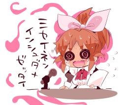 Rule 34 | 1girl, @ @, alternate costume, apron, aura, black dress, black eyes, blush, bow, bowtie, brown hair, buttons, character request, chibi, commentary request, cropped legs, dress, enmaided, flying sweatdrops, frilled apron, frills, hair bow, hand on table, high ponytail, holding, holding paper, idolmaster, idolmaster cinderella girls, juliet sleeves, long sleeves, maid, microphone, motion lines, nervous smile, nervous sweating, open mouth, panicking, paper, pink bow, ponytail, puffy sleeves, red bow, red bowtie, short hair, short ponytail, simple background, smile, solid circle eyes, solo, sweat, talking, translation request, usoneko, v-shaped eyebrows, wavy mouth, white apron, white background, white sleeve cuffs