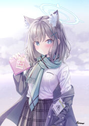 1girl absurdres animal_ear_fluff animal_ears aqua_scarf black_skirt blazer blue_archive blue_eyes blue_halo blue_jacket blush box breast_pocket commentary_request criss-cross_halter gift gift_box grey_hair halo halterneck highres holding holding_box jacket long_sleeves medium_hair open_clothes open_jacket plaid_clothes plaid_skirt pleated_skirt pocket pout scarf school_emblem school_uniform shiraragi shiroko_(blue_archive) shirt sidelocks signature single_off_shoulder skirt solo striped_clothes striped_scarf translation_request upper_body watermark white_shirt wolf_ears