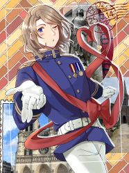 Rule 34 | 1boy, axis powers hetalia, blonde hair, blue eyes, blue jacket, blush, cowboy shot, facial hair, france (hetalia), gloves, goatee stubble, heart, high collar, highres, jacket, long sleeves, looking at viewer, male focus, military jacket, military uniform, one eye closed, open mouth, red sash, sash, solo, stubble, urara niki