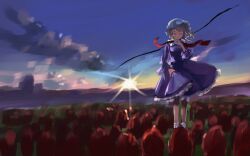 1girl blonde_hair blue_sky blurry closed_eyes cloud collar crack depth_of_field dress field floating_clothes floating_hair flower frilled_dress frills gap_(touhou) gradient_sky hat horizon lens_flare long_sleeves maribel_hearn mob_cap neck_ribbon nyonsuke one-hour_drawing_challenge purple_dress purple_sky red_ribbon ribbon rose short_hair sky socks solo standing sun touhou white_collar white_hat white_socks yellow_sky