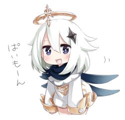 1girl blue_eyes blue_scarf character_name chibi cowboy_shot dress genshin_impact hair_ornament halo highres long_sleeves looking_at_viewer open_mouth paimon_(genshin_impact) scarf short_hair simple_background sleeve_cuffs smile solo tamase_tama translation_request white_background white_dress white_hair