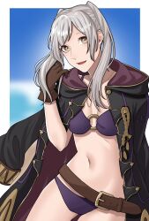 1girl ao_saryaruhu beach belt bikini breasts brown_eyes brown_gloves cleavage clenched_hand coat coat_on_shoulders collarbone eyelashes female_focus fire_emblem fire_emblem_awakening fire_emblem_heroes gloves gluteal_fold hand_up happy head_tilt highres hood hooded_coat leaning_to_the_side legs long_hair looking_at_viewer medium_breasts midriff navel neck o-ring o-ring_bikini official_alternate_costume open_mouth outdoors purple_bikini robin_(female)_(fire_emblem) robin_(female)_(seaside_tactician)_(fire_emblem) robin_(fire_emblem) sidelocks sky smile standing summer swept_bangs swimsuit thighs twintails white_hair