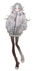 1girl aotsuki_eito black_pantyhose black_shoes blue_eyes blush closed_mouth drawstring female_focus full_body genderswap genderswap_(mtf) glasses hands_in_pockets jacket looking_at_viewer multicolored_shoes pantyhose parted_hair pleated_skirt shoes simple_background skirt smile solo solo_focus the_hundred_line_-last_defense_academy- white_background white_hair white_jacket white_shoes white_skirt zipper zipper_pull_tab