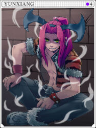 Rule 34 | 1boy, abs, animal print, aura, black hairband, bracelet, brick wall, card (medium), commentary request, demon wings, eyes visible through hair, fake wings, full body, fur-trimmed jacket, fur-trimmed pants, fur trim, grey eyes, grey pants, grey shoes, grey wings, grin, hairband, hand on own knee, head wings, jacket, jewelry, long hair, looking at viewer, male focus, nipples, open clothes, open jacket, pants, parted bangs, pink hair, ponytail, print jacket, ragnarok online, rogue (ragnarok online), sezaki takumi, shoes, short sleeves, sitting, skull, smile, solo, spiked bracelet, spikes, tiger print, wings, yellow jacket