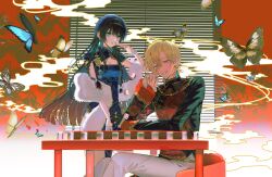 1boy 1girl aqua_eyes aventurine_(honkai:_star_rail) blonde_hair braid breasts bug butterfly chinese_clothes cleavage green_hair grin highres honkai:_star_rail honkai_(series) insect long_hair looking_at_viewer mahjong mahjong_tile oc_x_canon original pants piyoyono_sekai purple_eyes short_hair sitting smile standing teeth twin_braids white_pants