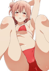 1girl absurdres bikini blush breasts commentary_request crotch_focus hair_bun highres lower_teeth_only m_legs medium_breasts navel orange_hair parted_lips red_bikini red_eyes short_hair shou937 simple_background single_side_bun solo stomach swimsuit teeth white_background yahari_ore_no_seishun_lovecome_wa_machigatteiru. yuigahama_yui