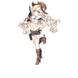 1girl belt belt_skirt blonde_hair blue_eyes boots bright_pupils colt_revolver_(girls&#039;_frontline) cowboy_hat facial_mark female_focus fingerless_gloves fringe_trim full_body garter_straps girls&#039;_frontline gloves gun hand_on_own_hip handgun hat high_heels holding holding_gun holding_weapon holster leg_up long_hair looking_at_viewer midriff navel official_art pistol revolver saru shirt short_shorts shorts single_thighhigh smile solo spurs star_(symbol) stomach taut_clothes taut_shirt thighhighs tied_shirt transparent_background twintails weapon white_thighhighs