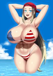 1girl abs american_flag american_flag_bikini american_flag_print armpits arms_behind_head arms_up backwards_hat bare_shoulders baseball_cap beach bikini blonde_hair blue_eyes blue_sky breasts cleavage cloud cloudy_sky collarbone commission cowboy_shot day flag_print flag_print_bikini hat highres horizon huge_breasts large_breasts long_hair looking_at_viewer muscular navel ocean open_mouth original outdoors print_bikini print_swimsuit sky smile solo standing star_(symbol) stomach swimsuit thick_thighs thighs toned toned_female twrlare wading water wet