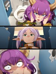 2girls 3koma absurdres aura_(sousou_no_frieren) aura_bullying_(meme) bait_and_switch blue_eyes blurry blurry_foreground blush comic constricted_pupils demon_horns disembodied_head earrings elf english_text frieren glory_hole green_eyes grey_hair hair_between_eyes highres holding holding_detached_head horns humiliation indoors jewelry khyle. long_hair long_sleeves looking_at_viewer looking_to_the_side meme multiple_girls open_mouth parted_bangs pointy_ears purple_hair sideways_glance sousou_no_frieren subtitled thick_eyebrows tile_floor tile_wall tiles toilet toilet_paper twintails v-shaped_eyebrows