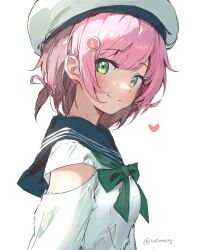 1girl beret blue_sailor_collar blush bow bowtie breasts clothing_cutout from_side green_bow green_bowtie green_eyes hair_ornament hairpin hat heart looking_at_viewer osu! pink_hair pippi_(osu!) sailor_collar short_hair shoulder_cutout simple_background sketch small_breasts solo tofumang twitter_username upper_body white_background white_hat