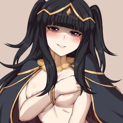 1girl absurdres areola_slip black_hair blunt_bangs blush bracelet breasts cape covering_breasts covering_privates eyelashes female_focus fire_emblem fire_emblem_awakening grey_background half-closed_eyes highres jewelry looking_at_viewer medium_breasts naked_cape nintendo nude parted_lips purple_eyes shaded_face shiny_skin short_hair simple_background smile solo tharja_(fire_emblem) tiara two_side_up upper_body zerocg