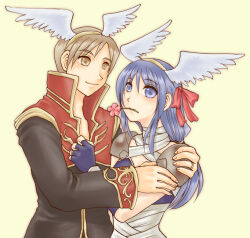 Rule 34 | 1boy, 1girl, armor, assassin (ragnarok online), bandages, bandages over clothes, black coat, blue eyes, blue hair, brown eyes, brown hair, closed mouth, coat, commentary request, couple, cowboy shot, fake wings, feathered wings, flower, flower in mouth, head wings, hetero, long hair, looking at viewer, minamikaze natsu, multicolored coat, pauldrons, pink flower, priest (ragnarok online), purple shirt, ragnarok online, red coat, shirt, short hair, shoulder armor, simple background, sleeveless, sleeveless shirt, smile, two-tone coat, white wings, wings, yellow background