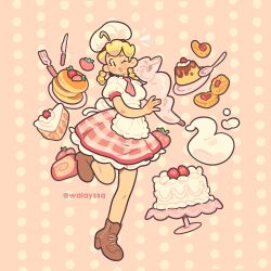 1girl absurdres ahoge apron blonde_hair blush boots braid breasts brown_boots cake chef_hat cookie dress food fork frilled_apron frills full_body hat highres holding_pipette knife mario_(series) medium_breasts medium_hair necktie nintendo one_eye_closed pancake pancake_stack patissiere_peach pink_background pink_necktie pipette plaid_clothes plaid_skirt princess_peach princess_peach:_showtime! pudding puffy_short_sleeves puffy_sleeves red_skirt short_sleeves skirt solo spoon strawberry_shortcake twin_braids twitter_username waist_apron walayssa white_apron white_dress
