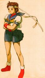 Rule 34 | 1girl, absurdres, bengus, blue sailor collar, brown eyes, brown hair, buruma, capcom, crossed arms, fingerless gloves, game cg, gloves, headband, highres, kasugano sakura, marvel, marvel vs. capcom, marvel vs. capcom 2, non-web source, official art, red undershirt, sailor collar, sailor crest, scan, school uniform, serafuku, shoes, short hair, simple background, skirt, solo, street fighter, undershirt, white headband