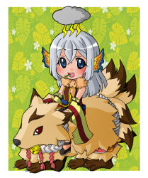 1girl :d animal animal_around_neck blue_eyes blue_wings blush border chibi chibi_only cloud_over_head commentary_request detached_sleeves dress feathered_wings flower flower_in_mouth fox full_body gradient_wings head_wings kitsune long_hair looking_at_viewer monou0135 multicolored_wings multiple_tails open_mouth orange_wings professor_(ragnarok_online) ragnarok_online red_dress red_sleeves riding rope shimenawa sleeveless sleeveless_dress smile solo striped_sleeves tail white_border wings yellow_flower yellow_sleeves