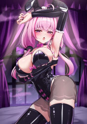 1girl absurdres akuame_(ring3922) animal_ears arm_under_breasts arm_up armpits black_gloves black_leotard black_thighhighs blush breasts bridal_gauntlets elbow_gloves fake_animal_ears gloves highres indie_virtual_youtuber large_breasts leotard long_hair looking_at_viewer mahou_lelys open_mouth pink_hair playboy_bunny presenting_armpit purple_eyes rabbit_ears see-through_clothes see-through_skirt skirt thighhighs virtual_youtuber