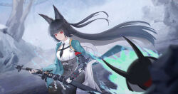 1girl absurdres aqua_jacket arm_out_of_sleeve artist_logo black_gloves black_hair black_necktie black_pantyhose black_skirt breasts bright_pupils chinese_commentary chromatic_aberration closed_mouth collared_shirt commentary_request devil_may_cry_(series) devil_may_cry_5 dutch_angle fingerless_gloves floating_hair fox_girl gauntlets gloves high-waist_skirt highres holding holding_sword holding_weapon hoshimi_miyabi id_card jacket katana light_smile logo long_hair medium_breasts meme monobloc_(chair) necktie outdoors pantyhose red_eyes shirt single_fingerless_glove single_gauntlet sitting skirt sword tailless_(zenless_zone_zero) vergil&#039;s_chair_(meme) very_long_hair weapon white_pupils white_shirt yoruhh zenless_zone_zero