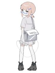 1girl absurdres blue-framed_eyewear blunt_bangs blush commentary controller expressionless from_behind full_body game_console game_controller glasses grey_footwear hair_ornament hairclip highres holding holding_controller holding_game_controller jitome looking_at_viewer looking_back low_twintails miniskirt myomuron no_sclera original pale_skin pigeon-toed pink_eyes pink_hair print_bag sailor_collar school_uniform semi-rimless_eyewear serafuku shirt short_sleeves simple_background skirt solo standing twintails under-rim_eyewear white_background white_bag white_sailor_collar white_serafuku white_shirt white_skirt white_theme wii wii_remote