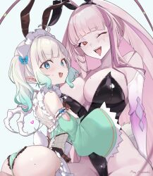 2girls ahoge animal_ears antenna_hair aqua_eyes arthropod_girl ass black_leotard blush breasts cockroach_girl dress fake_animal_ears fake_tail gradient_hair green_dress green_hair highres indie_virtual_youtuber large_breasts leotard long_hair looking_at_viewer maid_headdress matara_kan may_nakasaki mint_fantome mint_fantome_(minto_2.0) mole mole_on_breast monster_girl multicolored_hair multiple_girls open_mouth pink_hair playboy_bunny pointy_ears rabbit_ears rabbit_tail red_eyes sidelocks smile strapless strapless_leotard streaked_hair tail tongue tongue_out two_side_up very_long_hair virtual_youtuber white_hair white_headdress