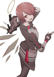 1girl absurdres arknights black_gloves black_pantyhose commentary detached_wings energy_wings exusiai_(arknights) fingerless_gloves from_above gloves gun hair_over_one_eye halo highres holding holding_gun holding_weapon jacket kriss_vector looking_at_viewer looking_to_the_side looking_up maki-no open_mouth orange_eyes pantyhose red_hair short-sleeved_jacket short_hair short_sleeves simple_background solo submachine_gun weapon white_background white_halo wings