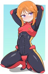 1girl absurdres arms_behind_head bodysuit breasts bulge closed_mouth covered_testicles erection erection_under_clothes full_body futanari gundam gundam_zz highres impossible_bodysuit impossible_clothes large_penis loli mecha_pilot_suit normal_suit_(gundam) orange_hair penis purple_eyes puru_two sidelocks skin_tight small_breasts solo squatting twitching_penis zerhin