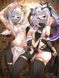 2girls :3 alternate_costume amane_kanata amane_konata ancient_egyptian ancient_egyptian_clothes angel_wings arm_strap armpit_crease armpits arms_up bangle bare_shoulders black_panties black_thighhighs black_wings blue_hair blush body_jewelry bow bracelet breasts circlet cleavage colored_inner_hair commentary crotchless crotchless_pantyhose detached_sleeves egyptian_trend_(meme) feathered_wings gold gold_bracer gold_circlet gold_trim grey_hair groin guimpe hair_bow hair_ornament hieroglyphics high_collar highleg highleg_panties highres holding_cloth hololive inokeiwd jewelry large_breasts long_hair meme mini_wings mouth_veil multicolored_hair multiple_girls panties pantyhose parted_lips pelvic_curtain purple_eyes purple_hair see-through_clothes see-through_pelvic_curtain see-through_sleeves see-through_veil shadow short_hair shuriken_hair_ornament siblings side_ponytail sidelocks signature single_hair_intake sisters small_breasts stomach thigh_strap thighhighs twins two-tone_hair underwear veil virtual_youtuber white_wings wings