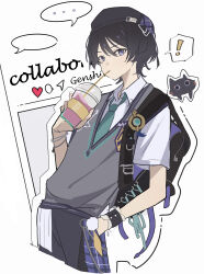 ... 1boy absurdres alternate_costume animal_print aqua_gemstone aqua_necktie arm_at_side backpack bag beret black_bag black_hair black_hat black_shorts blunt_ends casual cat_print chain coffee collared_shirt contemporary copyright_name cropped_legs cup disposable_cup drinking drinking_straw feathers gem genshin_impact gold grey_sweater_vest hand_in_pocket hat heart highres holding holding_cup iced_coffee konikoni1002 looking_at_viewer male_focus necktie o-ring official_alternate_costume outline pom_pom_(clothes) purple_eyes scaramouche_(cat)_(genshin_impact) scaramouche_(genshin_impact) shirt short_sleeves shorts solo speech_bubble spoken_ellipsis sweater_vest vision_(genshin_impact) wanderer_(genshin_impact) wanderer_(mega_mgc_coffee)_(genshin_impact) white_shirt white_sleeves wispy_bangs yellow_feathers