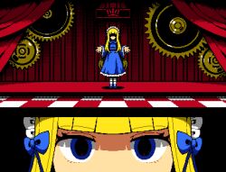 1girl asdf1211950 black_souls black_souls_2 blonde_hair blue_bow blue_dress blue_eyes blue_footwear blunt_bangs bow checkered_floor close-up curtains dithering doll_alice_(black_souls) dress eye_focus faceless faceless_female frills full_body gears grand_guignol_(black_souls) hair_bow hair_ribbon hairband headdress indoors long_hair long_sleeves looking_at_viewer maid_headdress mary_janes multiple_views pixel_art ribbon shaded_face shoes sidelocks socks stage stage_curtains standing straight-on white_socks wide_sleeves