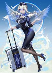 1girl aircraft airplane blue_jacket blue_shoes blue_skirt blue_sky breasts employee_uniform flight flight_attendant full_body gloves hair_between_eyes high-waist_skirt high_heels highres holding holding_luggage holding_suitcase jacket large_breasts legs light_blush long_hair long_legs looking_at_viewer original pantyhose pumps rolling_suitcase shoes sidelocks skin_tight skirt sky smile solo star_(sky) starry_sky stiletto_heels suitcase tarutaru_yamaoka travel_attendant white_gloves white_hair wings