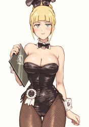 1girl animal_ear_hairband animal_ears badge black_bow black_bowtie black_leotard black_pantyhose blonde_hair blue_eyes blunt_bangs book bow bowtie breasts cecilia_irene cleavage commentary_request detached_collar fake_animal_ears fishnet_pantyhose fishnets gundam gundam_gquuuuuux hairband large_breasts leotard maguta pantyhose playboy_bunny rabbit_ears rabbit_tail side-tie_leotard sidelocks smile solo strapless strapless_leotard tail wrist_cuffs