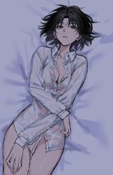 Rule 34 | 1girl, black eyes, black hair, egomeshi, highres, kara no kyoukai, looking at viewer, ryougi shiki, shirt, short hair, simple background, sweat, white shirt