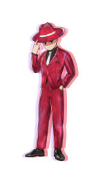 1boy black_eyes black_shirt black_shoes dragon_ball formal_clothes hand_in_pocket happy hat highres kuririn looking_at_viewer necktie red_hat red_suit shirt shoes smile smug solo suit white_background white_necktie