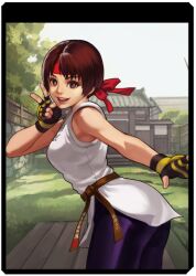 Rule 34 | 1girl, ass, belt, bend, bent over, breasts, brown eyes, brown hair, dougi, female focus, fingerless gloves, from behind, gloves, grass, hairband, hand up, karate gi, leggings, looking at viewer, looking back, medium breasts, open mouth, outdoors, pale skin, pants, short hair, skirt, sky, sleeveless, smile, smiley face, spandex, standing, sunlight, the king of fighters, thighs, tree, yoga pants, yuri sakazaki