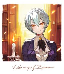 1girl angela_(project_moon) blue_hair blush bookshelf breasts candle candlestand collared_shirt double-parted_bangs embers feathers hair_between_eyes holding_candlestand jacket large_breasts library_of_ruina looking_at_viewer project_moon purple_jacket shirt short_hair smile solo white_shirt yellow_eyes yono_neie