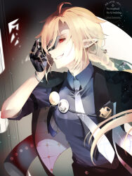 1boy black_gloves black_jacket blonde_hair collared_vest gloves gradient_necktie highres holding holding_mask hugo_vlad jacket komesiwo_syumi lapel_pin male_focus mask mole mole_under_eye necktie pointy_ears purple_necktie purple_shirt red_eyes shirt smile upper_body vest zenless_zone_zero