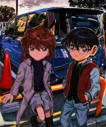 1boy 1girl absurdres aqua_eyes black_hair blue_eyes blue_pants boots brown_boots brown_hair car closed_mouth coat edogawa_conan glass grey_coat grey_shorts haibara_ai hands_in_pockets highres jacket leaning_on_object looking_at_viewer meitantei_conan motor_vehicle open_clothes open_coat open_jacket outdoors pants segami short_hair shorts traffic_cone tree