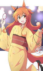 1girl animal_ears blurry blurry_background blush breasts commentary_request fish hair_ornament highres holding horse_ears horse_girl horse_tail japanese_clothes kimono long_hair long_sleeves mayano_top_gun_(umamusume) nel-c night open_mouth orange_eyes orange_hair sandals small_breasts socks solo standing standing_on_one_leg tabi tail umamusume white_socks yukata zouri
