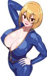 1girl :d areola_slip blonde_hair blue_bodysuit blush bob_cut bodysuit breasts center_opening cleavage collarbone commentary covered_erect_nipples cowboy_shot dot_nose double-parted_bangs fallout hand_on_own_hip highres impossible_clothes large_breasts looking_at_viewer open_mouth partially_unzipped plunging_neckline raised_eyebrows shiny_skin short_hair simple_background skin_tight smile solo tight_clothes vault_girl volyz white_background