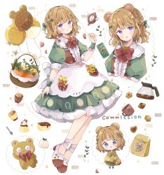 Rule 34 | 1girl, :d, absurdres, animal ears, apron, balloon, basket, bear ears, blush, borrowed character, bow, bowtie, brown hair, brown shoes, can, center frills, checkerboard cookie, chibi, closed mouth, coffee bag, coffee pot, commentary request, commission, cookie, cup, dress, drink can, food, frills, full body, green dress, highres, looking at viewer, multiple views, open mouth, original, pudding, purple eyes, red bow, red bowtie, shoes, short hair, short sleeves, simple background, skeb commission, smile, standing, stuffed animal, stuffed toy, teddy bear, tsukiyo (skymint), white apron, white background, wrist cuffs
