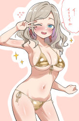 1girl ;d alternate_costume bikini blue_eyes blush breasts ceras_yanagida_lilienfeld cleavage collarbone colored_speech_bubble commentary contrapposto cowboy_shot embarrassed flying_sweatdrops front-tie_bikini_top front-tie_top gold_bikini grey_hair hair_intakes hair_ribbon hashihirok80881 highres large_breasts link!_like!_love_live! long_hair looking_at_viewer love_live! navel nose_blush one_eye_closed open_mouth outline pink_background pink_ribbon ribbon side-tie_bikini_bottom simple_background smile solo sparkle speech_bubble standing stomach swept_bangs swimsuit v v_over_eye virtual_youtuber wavy_hair white_outline