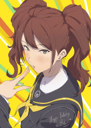 Rule 34 | 1girl, absurdres, arado balanga (xchd7538), blush, brown hair, grey eyes, happy birthday, highres, kujikawa rise, long hair, looking at viewer, parted lips, persona, persona 4, school uniform, serafuku, solo, twintails, upper body, yasogami school uniform