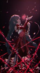 1girl absurdres bandaged_arm bandages bare_shoulders black_skirt blood bloody_tears braid chromatic_aberration commentary detached_sleeves dress flower from_side full_body grey_hair halter_dress halterneck hands_up highres holding holding_flower long_hair looking_up low_twin_braids pantyhose parted_lips phrolova_(wuthering_waves) po_(popopo2525x) red_dress red_eyes single_detached_sleeve skirt solo spider_lily standing twin_braids wuthering_waves