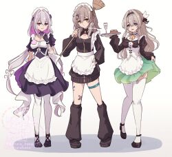3girls apron aqua_thighhighs bandaid bandaid_on_leg black_hairband black_socks blue_pupils broom cup drinking_glass firefly_(honkai:_star_rail) garter_straps gloves grey_hair hair_ornament hair_ribbon hairband holding holding_broom holding_plate honkai:_star_rail honkai_(series) kneehighs maid_apron maid_headdress multicolored_eyes multiple_girls neck_ribbon neckerchief oak_cake_roll_(honkai:_star_rail) orange_neckerchief plate purple_eyes purple_hair reia_hana ribbon socks thigh_strap thighhighs two-tone_eyes white_apron white_garter_straps white_headdress white_thighhighs wine_glass yellow_eyes